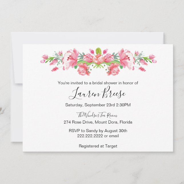 Ducha nupcial floral rosada - invitación (Anverso)