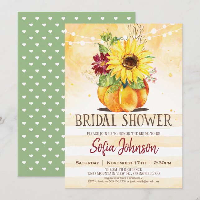 Ducha nupcial, girasol e invitación a calabaza (Anverso / Reverso)