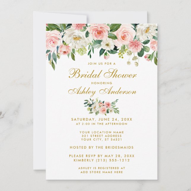 Ducha nupcial Invitación floral de oro blanco rosa (Anverso)