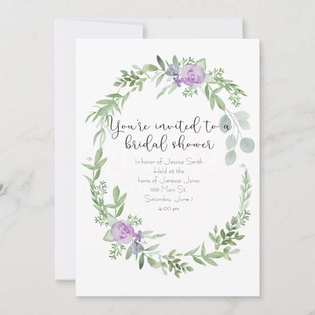 Ducha nupcial Invitación lavanda y vegetación (Anverso)