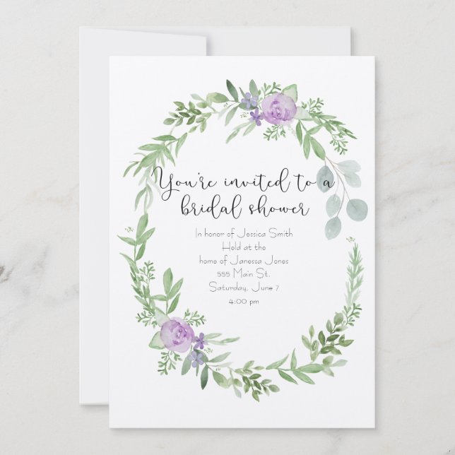 Ducha nupcial Invitación lavanda y vegetación (Anverso)
