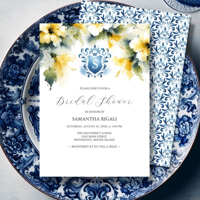 Ducha nupcial invitaciones azul y amarillo (Blue and yellow bridal shower invitations watercolor flowers and monogrammed crest unique art.)