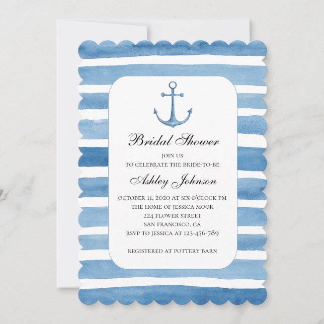 Ducha nupcial náutica. Invitación de anclaje azul (Anverso)