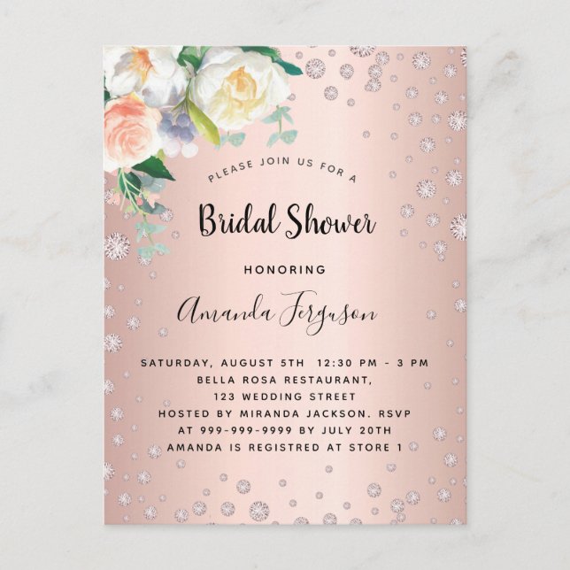 Ducha nupcial rosa de oro rubia invitación floral (Anverso)