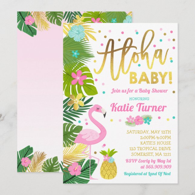 Ducha tropical Flamingo Baby Shower Invitación (Anverso / Reverso)