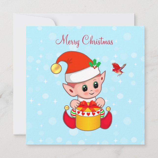 Duende de Navidad alegre y adorable & pájaro carde (Anverso)
