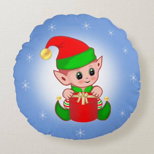 Duende de Navidad en Almohada Redonda Azul Claro (Anverso)