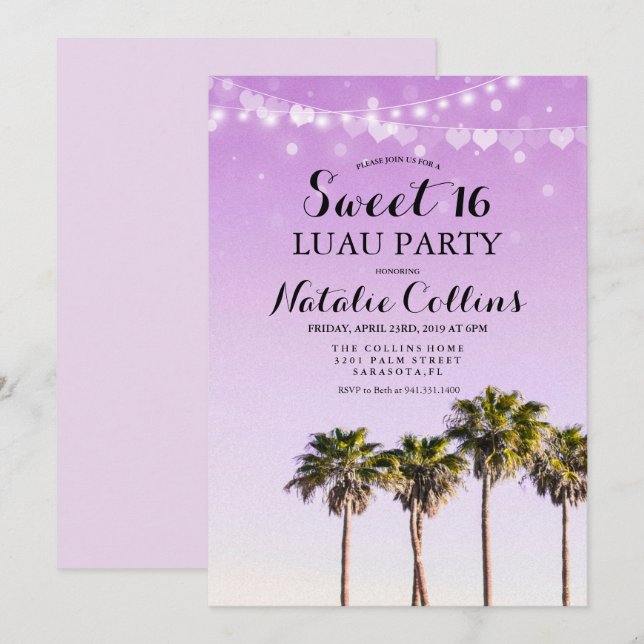 Dulce 16 Aniversario Invitación de la Palmera Trop (Anverso / Reverso)