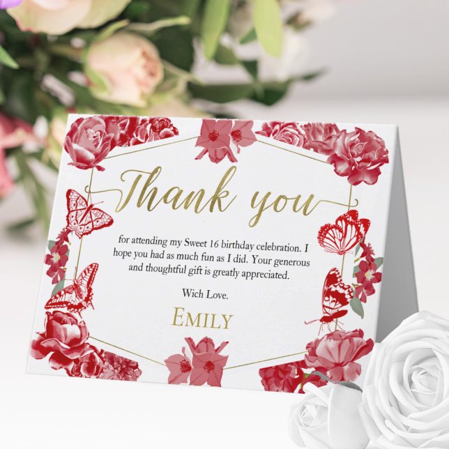 Dulce 16 Gracias Tarjeta Mariposa Floral Rojo Oro (Subido por el creador)