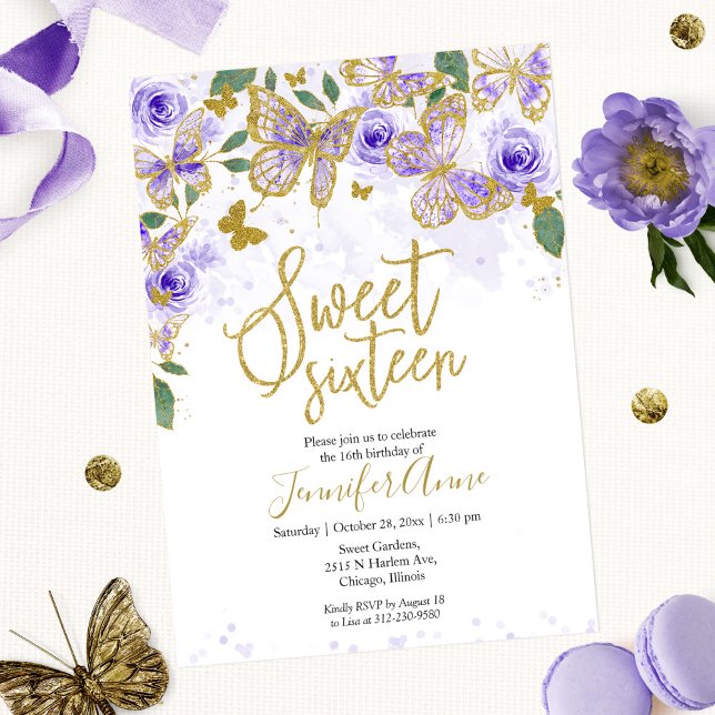 Dulce 16 Invitación a la mariposa Oro Morado Flora (Subido por el creador)