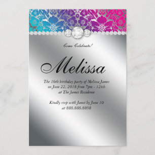 Dulce 16 Invitación Damasco Floral Plata Azul Rosa