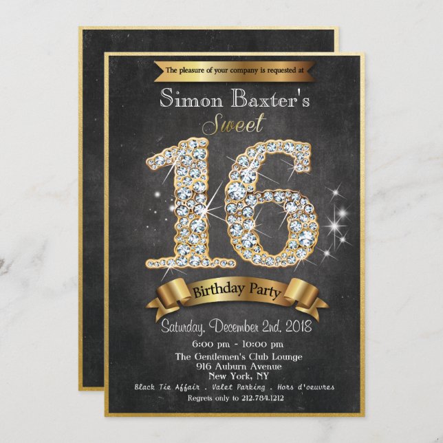 Dulce 16 Invitación de cumpleaños de diamantes de  (Anverso / Reverso)