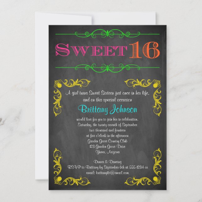 Dulce 16 Invitación de cumpleaños | Neon Chalkboar (Anverso)