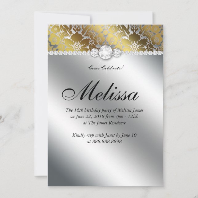 Dulce 16 Invitación Floral Damask Gold Silver (Anverso)