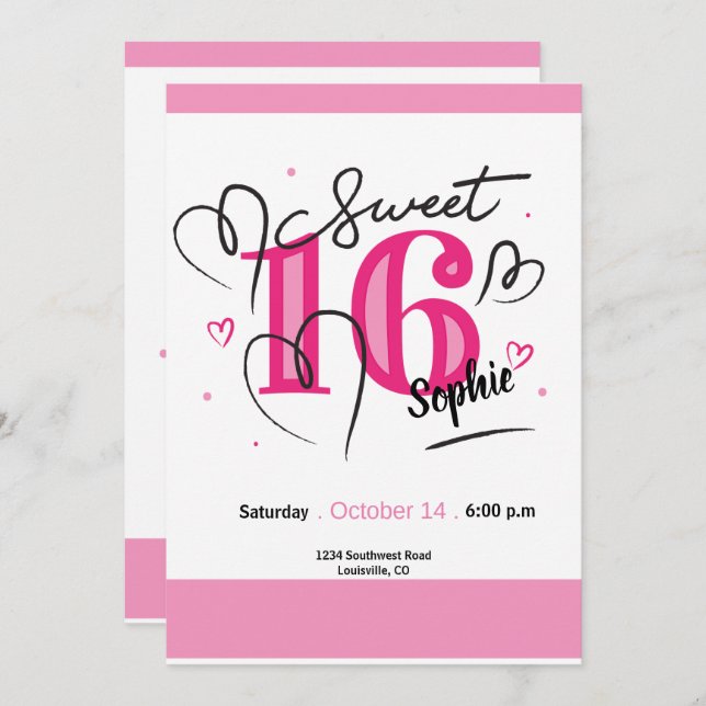Dulce 16 Invitación Fuchsia Rosa 16 cumpleaños (Anverso / Reverso)