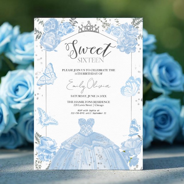 Dulce 16 Invitación | Mariposa Dusty Blue Dress (Subido por el creador)