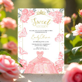 Dulce 16 Invitación Mariposa Vestido Rosa Floral
