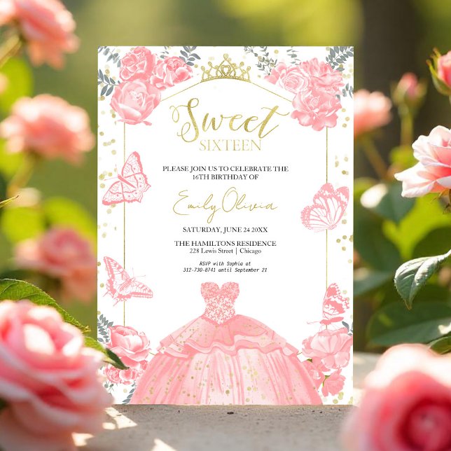 Dulce 16 Invitación Mariposa Vestido Rosa Floral (Subido por el creador)