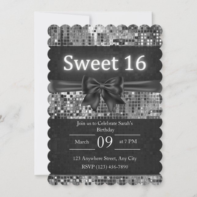 Dulce 16 Invitación - negro y plata (Anverso)