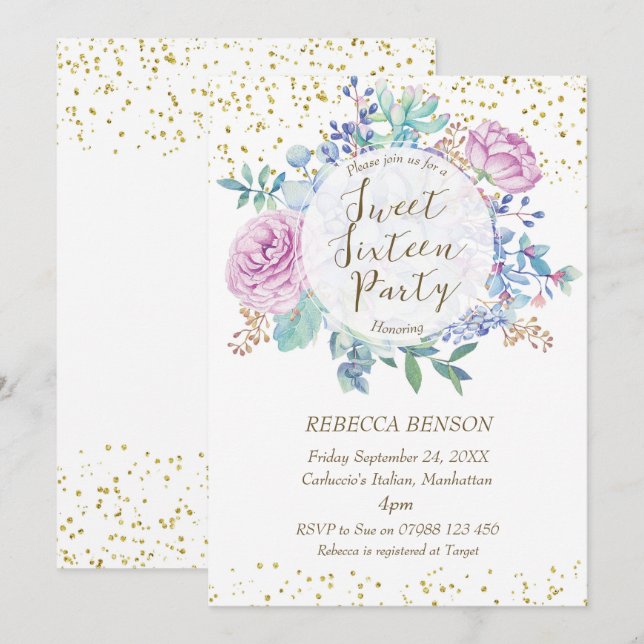 Dulce 16 invitación suculentos faux gold confetti (Anverso / Reverso)