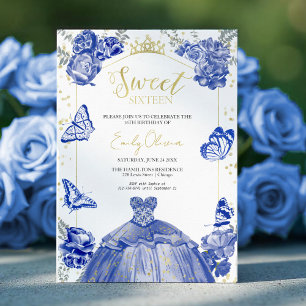 Dulce 16 Invitación Vestido Azul Real Mariposa