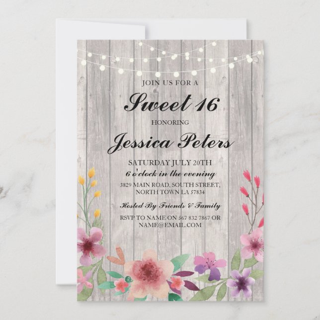 Dulce 16 Luces de Cumpleaños Invitación floral de  (Anverso)