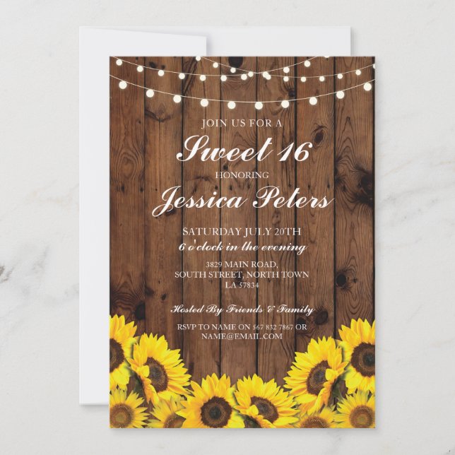 Dulce 16 Madera de girasol ilumina la invitación r (Anverso)