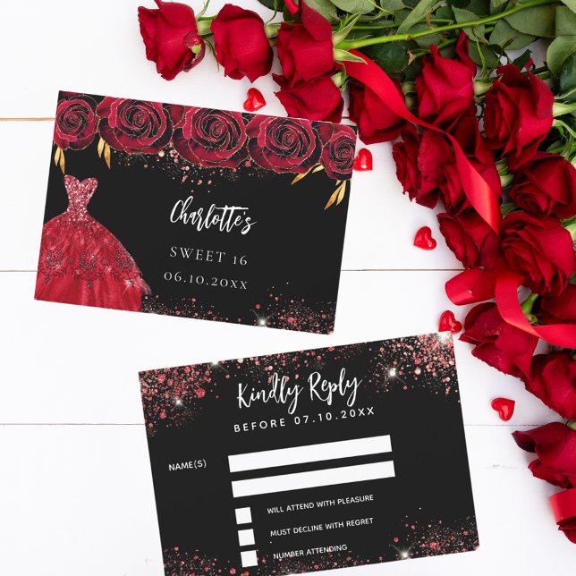 Dulce 16 respuesta de vestido rojo negro RSVP tarj (Subido por el creador)