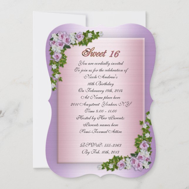 Dulce 16 rosas y hiedra de lavanda de invitación (Anverso)