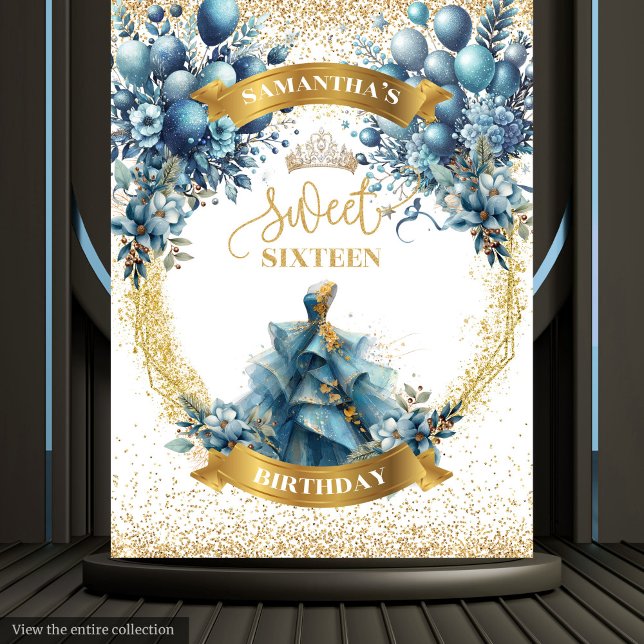 Dulce 16 Tapiz Purpurina de acuarela de oro azul (Sweet 16 Blue Gold Watercolor Glitter Tapestry)
