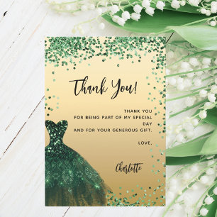 Dulce 16 verde vestido confetti gracias tarjeta