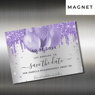 Dulce 16 violeta de plata salva la tarjeta imán de