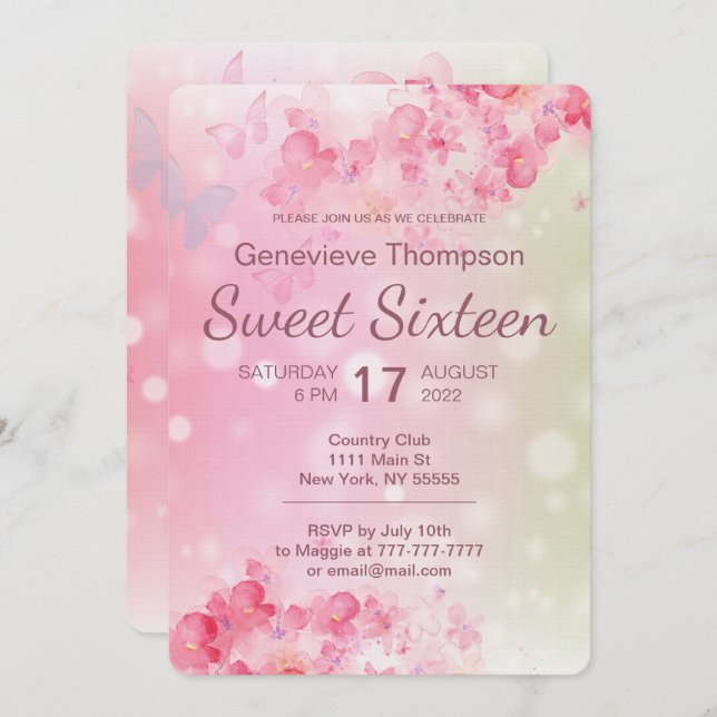 Dulce acuarela Floral Dieciséis invitaciones para  (Anverso / Reverso)