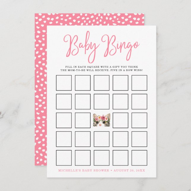 Dulce acuarela Kitty Baby Shower Bingo Card (Anverso / Reverso)