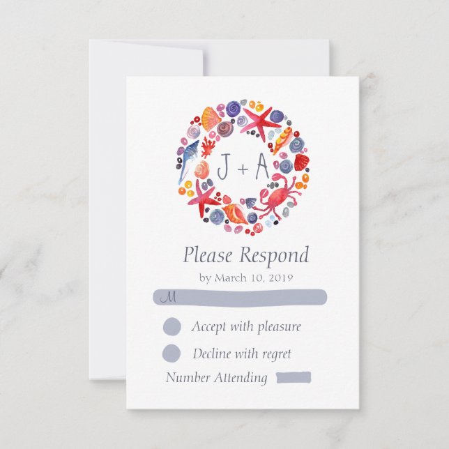 Dulce acuarela Mar Wreath Beach Wedding RSVP (Anverso)