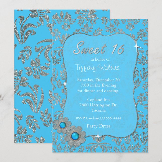 Dulce azul y de plata invitación de 16 cumpleaños (Anverso / Reverso)