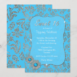 Dulce azul y de plata invitación de 16 cumpleaños