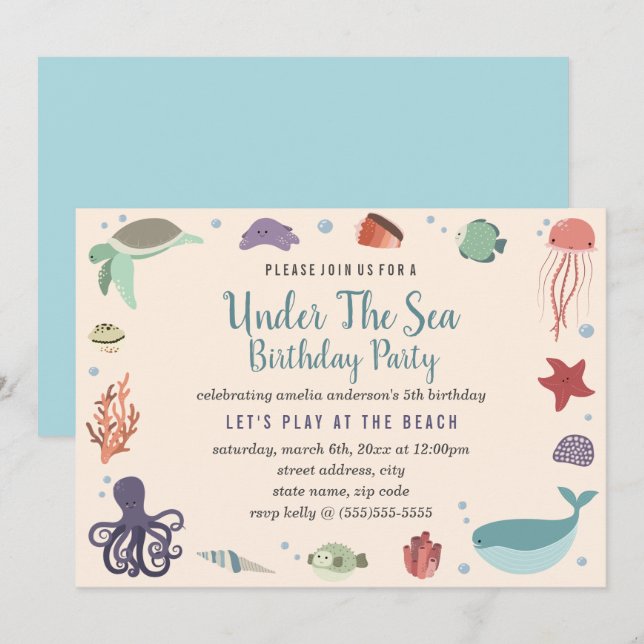 Dulce Bajo El Mar Niños Invitación Al Cumpleaños (Anverso / Reverso)