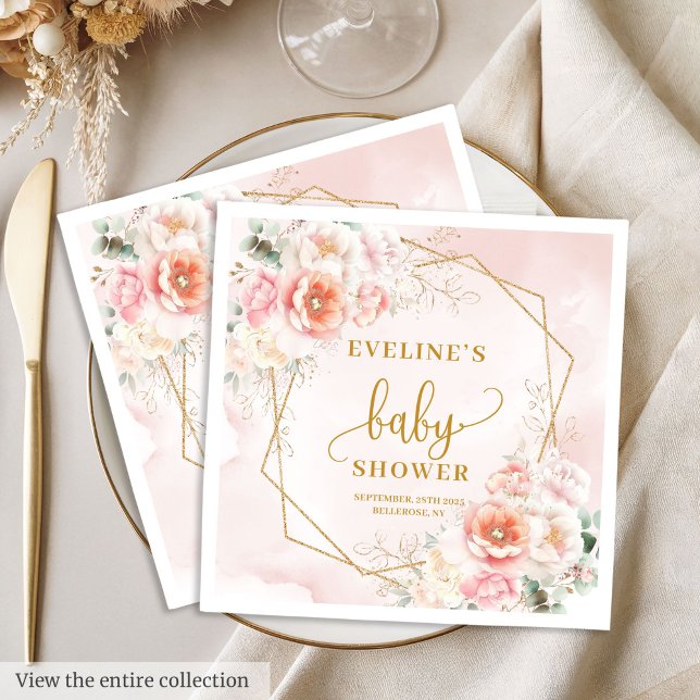 Dulce Bebé Chica polvo oro rosa peonías servilleta (Sweet Baby Girl powder pink gold peonies napkins

)