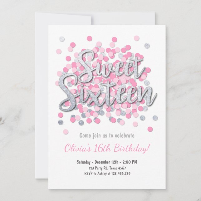 Dulce Chica de invitación para 16 años Plata rosa (Anverso)