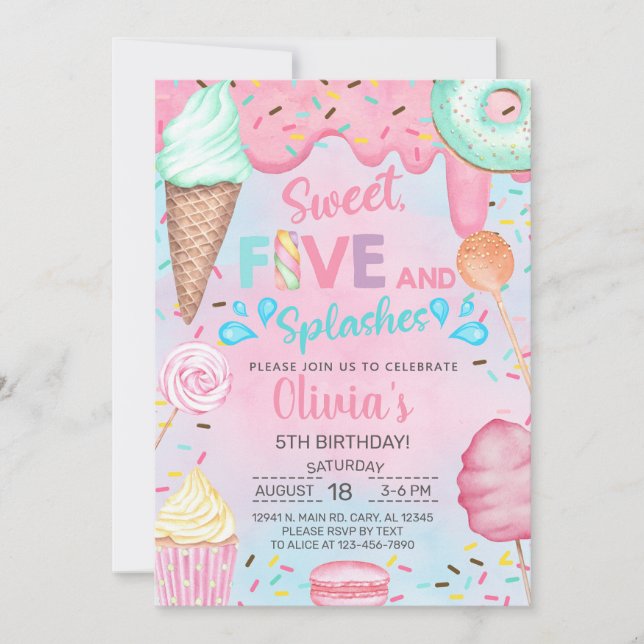 Dulce cinco y salpicaduras niña invitación de cump (Anverso)