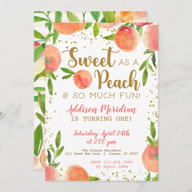 Dulce como una invitación al cumpleaños de Peach (Anverso / Reverso)