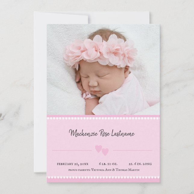 Dulce corazón bebé Invitación de foto niña rosada (Anverso)