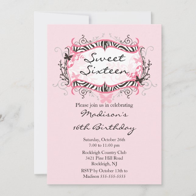 Dulce de Cebra Rosa Dieciséis Invitaciones de Cump (Anverso)