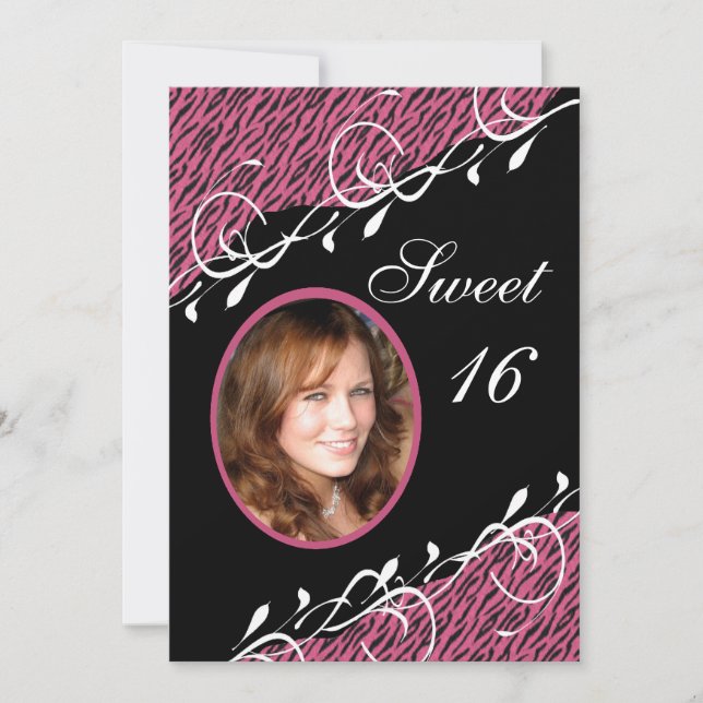 Dulce de cebra rosa y negra 16 invitaciones (Anverso)