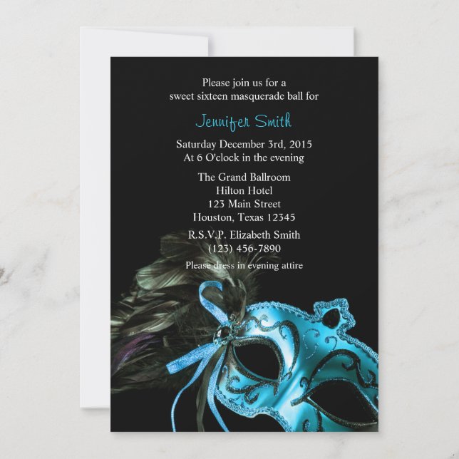 Dulce de mascarada de negro y Aqua 16 Invitación a (Reverso)