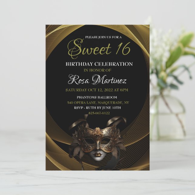 Dulce de Mascarada de Oro 16 Invitación (Anverso de pie)
