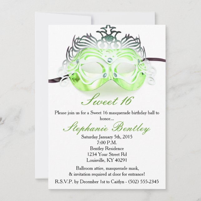 Dulce de Mascarada Verde 16 Invitación de cumpleañ (Anverso)