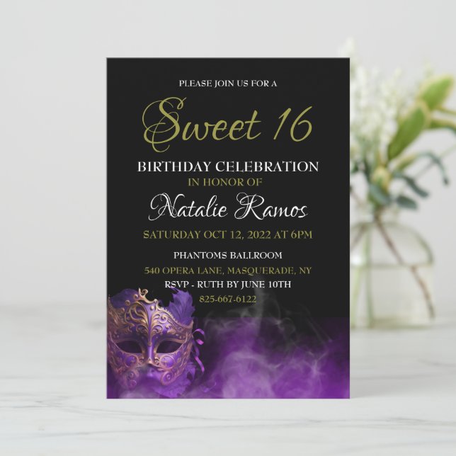 Dulce de Masquerade Morada 16 Invitación (Anverso de pie)