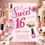 Dulce del Día Del Spa Rosa 16 Invitación<br><div class="desc">¡Amarre a la chica de cumpleaños y a sus amigos con un Día de Spa Sweet 16! Este atractivo diseño presenta pintadas de esmalte rosa, una bata acogedora y velas relajantes, lo que le da un ambiente ideal para una celebración relajante y rejuvenecedora. Personalízalo con los detalles de tu evento...</div>